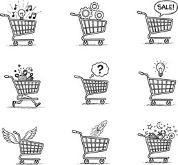  Shopping Cart Icons — E-commerce, Sale, Innovation, Business Ideas, Marketing Illustrations