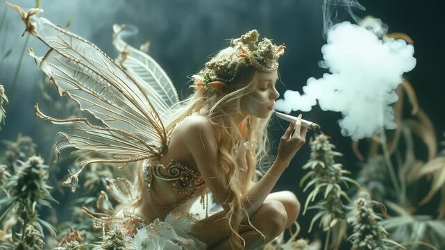 Winged fairy with cannabis crown smoking in misty forest environment. Delicate wings, ornate costume, ethereal atmosphere with smoke clouds.