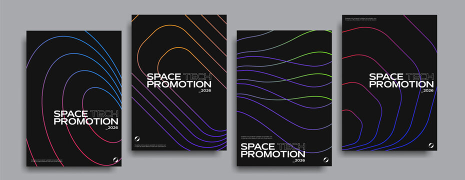 Dark futuristic posters with colorful line patterns. 