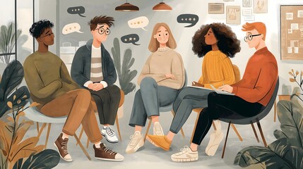 A diverse support group of five participants seated in a circle with muted earthy tones and subtle lighting for mental health therapy presentations.