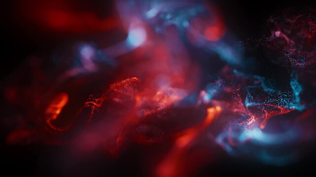 Dynamic swirling particles in vibrant red and blue light create abstract futuristic energy flow for sci-fi concepts