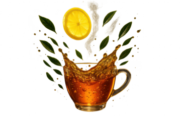 Tea splash in glass cup with lemon and tea leaves isolated transparently