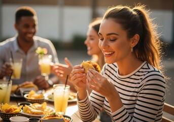 Woman eating taco with friends at outdoor restaurant during golden hour food meal