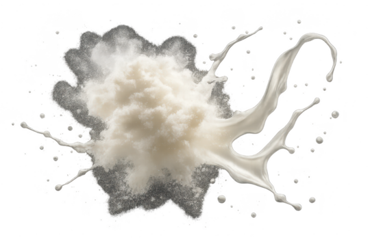 Milk splash explosion isolated on transparent background, liquid dairy product