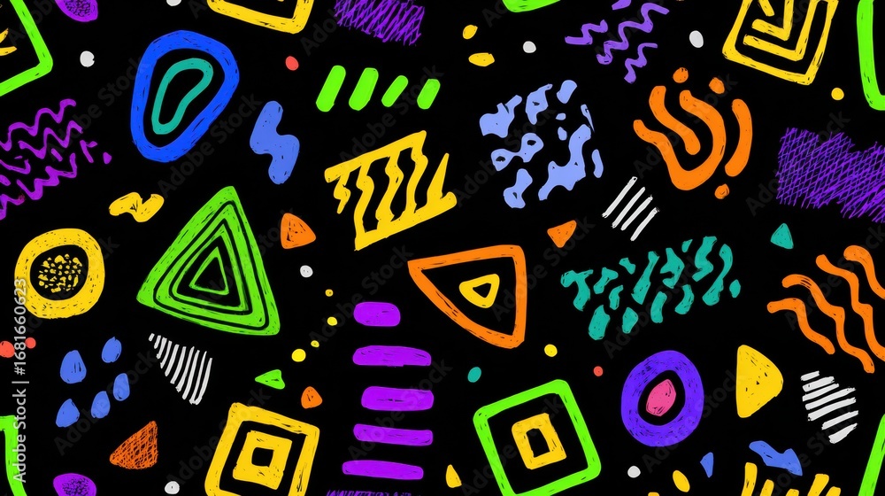 Poster vibrant abstract patterns created with colorful shapes on a black background showcasing artistic cre