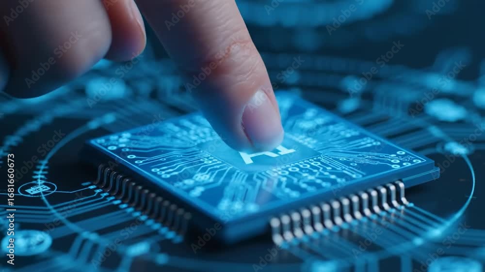 Poster ai chip activation - a finger touches a glowing ai chip with circuit board pattern and network conne