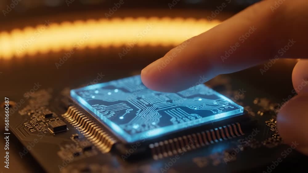 Poster ai chip technology: finger touching glowing circuit board - close-up shot of a fingertip gently touc