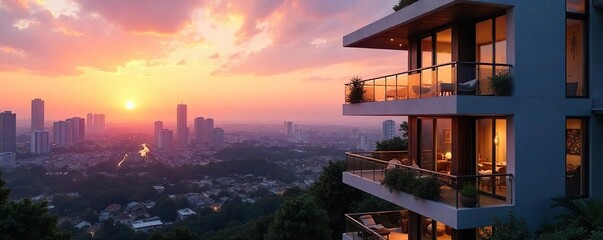 Modern condominium building with sleek architecture and balconies overlooking a cityscape at sunset Luxury apartments, urban living, city views, residential complex , dwelling, high-rise, concrete