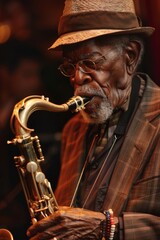 The musician is intently playing the saxophone on stage, with soft background lighting and an audience