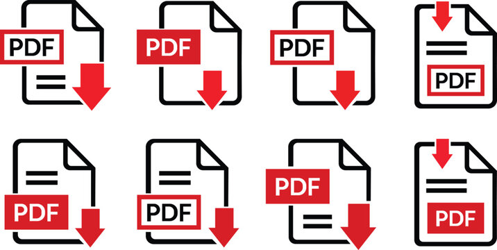 PDF file format icons set. PDF file download symbols. Format for texts, images, vector images, videos, interactive forms, Vector illustration !