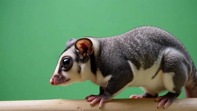 Captivating sugar glider with large, curious eyes gazes intently, poised on a wooden branch against a vibrant green background, promising adorable moments.