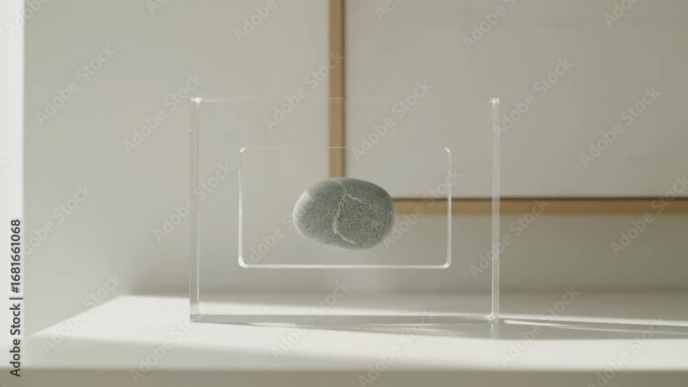 Poster minimalist stone display in acrylic frame - a smooth, grey stone rests within a clear acrylic frame,
