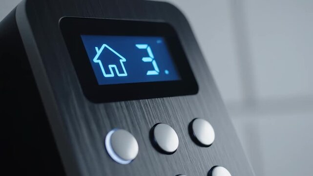 Modern Digital Gate Intercom System Close-Up - A close-up view of a stylish digital intercom system, showcasing its sleek brushed metal design, a blue backlit LCD screen displaying a house icon and a