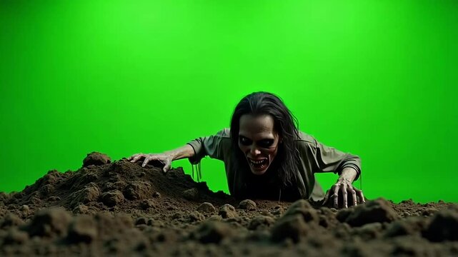 Terrifying zombie emerging from grave on green screen, perfect for horror VFX and chilling cinematic projects.