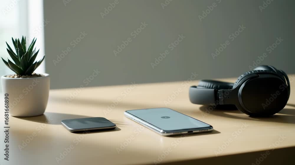 Poster modern desk setup with smartphone and headphones - a clean and minimalist workspace featuring a smar