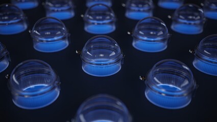 Array of futuristic clear containers with blue light emanating from within against a dark background design for technology applications and presentations