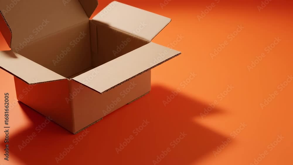 Poster empty cardboard box on orange background - an open, empty cardboard box sits on a vibrant orange sur
