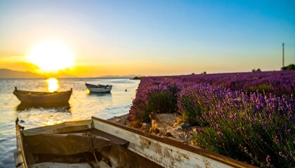 Obraz premium Lavender field at sunrise with boats