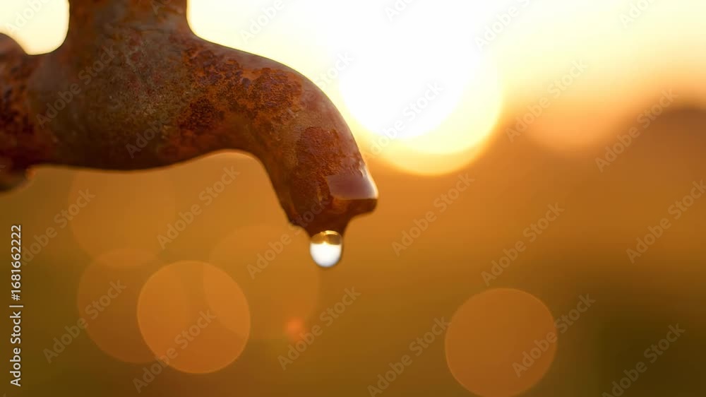 Poster rusty faucet dripping water sunset - close-up of a rusty faucet with a single drop of water falling 