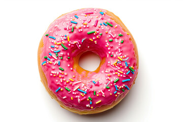 donut one pink glazed thick with colorful sprinkles, isolated on white background