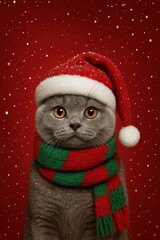 Cute gray cat in Santa hat and scarf with snow