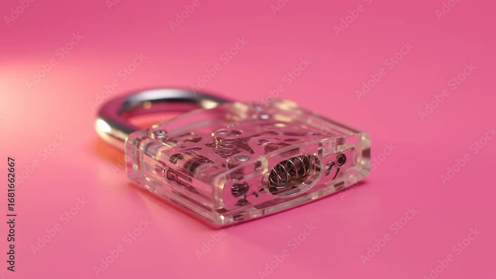 Poster transparent padlock on pink background - a clear padlock with visible internal mechanisms rests on a