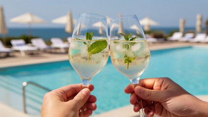 Obraz premium Two Hugo cocktails with ice and mint clinking glasses by the poolside on a sunny summer day. Refreshing and festive vacation vibe.