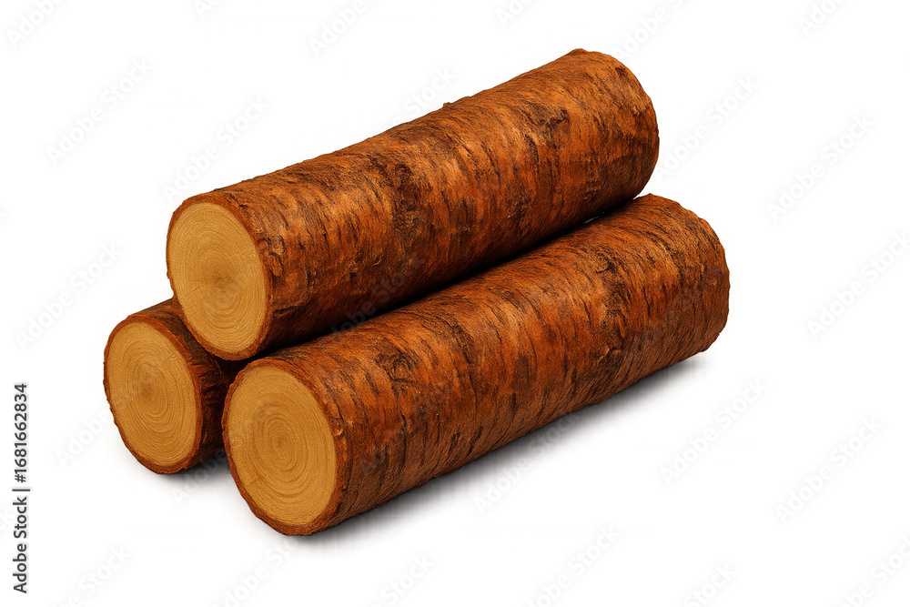 Poster three wooden logs creating a triangular stack, isolated on a transparent background, ready for easy 