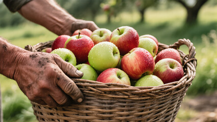Farmer holding a wicker basket full of freshly harvested red and green apples covered with dew in an orchard on a sunny day