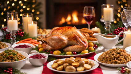 Naklejka na ściany i meble Christmas holiday dinner with roasted turkey, vegetables, side dishes, and wine served on decorated table near glowing fireplace.