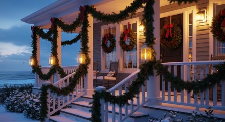 A beautiful snowy porch decorated for the holidays