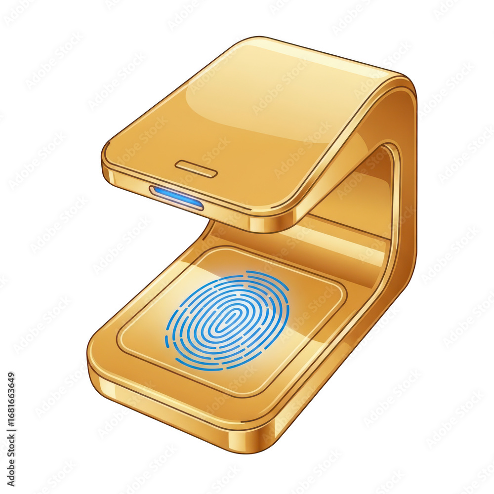 Poster golden fingerprint scanner device for security and identification purposes isolated on transparent b