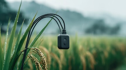 Closeup of a weatherresistant sensor attached to a crop stem sharply in focus with blurred green fields in the background highlighting IoT precision farming technology.