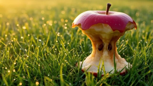 Timelapse of apple core decay on dewy grass at sunrise