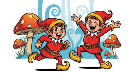 Joyful elves dancing amidst enchanted mushrooms and mystical forest scenery