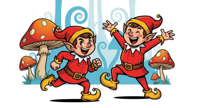Joyful elves dancing amidst enchanted mushrooms and mystical forest scenery