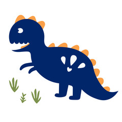 Illustration of a dark blue cartoon dinosaur with orange spikes and grass on a white background art