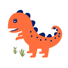 Cartoon illustration of an orange dinosaur with blue spots and spikes on a white background