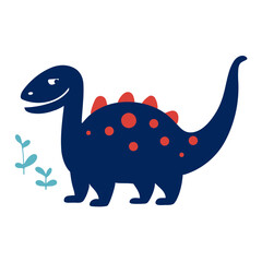 Cartoon illustration of a blue dinosaur with red spots and spikes standing near some plants