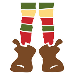 Illustration of an elf's legs with striped stockings and brown shoes on a white background design style