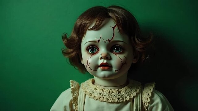 Eerie vintage doll with cracked porcelain face and haunting blue eyes stares intensely, creating a chilling atmosphere for horror or suspense themes.