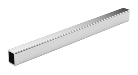 A slender, polished stainless steel bar with sharp, laser-cut edges and sleek reflections, isolated on a transparent background with copy space, concept of modern industrial precision
