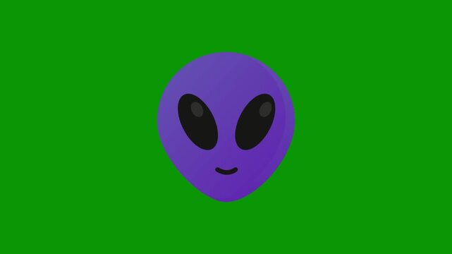 Curious purple alien with large black eyes smiles against vibrant green background, suggesting discovery.
