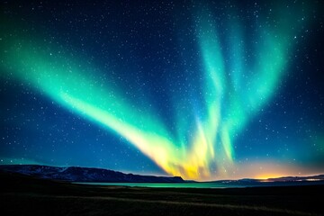 The aurora in the night sky is dreamlike and fantastical, with dazzling colors dancing across the horizon