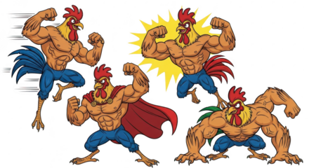 Mascot characters fight poses dynamic action cartoon style gaming art