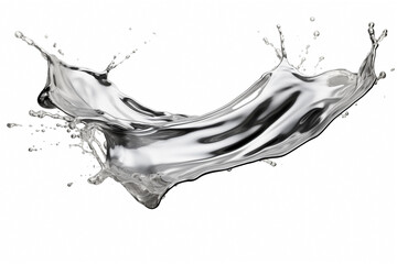splashes of silver shiny liquid metal flying soaring, isolated on white background