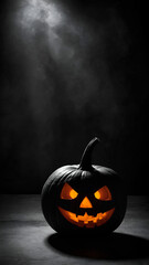 Monochrome Halloween pumpkin silhouette with glowing face, deep shadows, and clean background with space for copy.