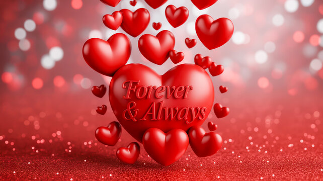 Romantic Valentines Day background with red hearts and a sweet message of love and devotion