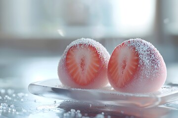 Strawberry daifuku is displayed on a transparent glass plate, dusted with powdered sugar on the surface
