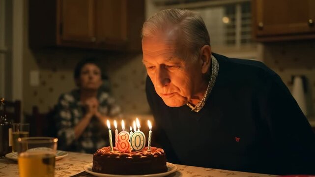 Elderly man blowing out birthday candles on 80th cake at home  